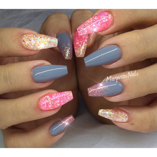 Gray And Pink Glitter Gel Nail Art