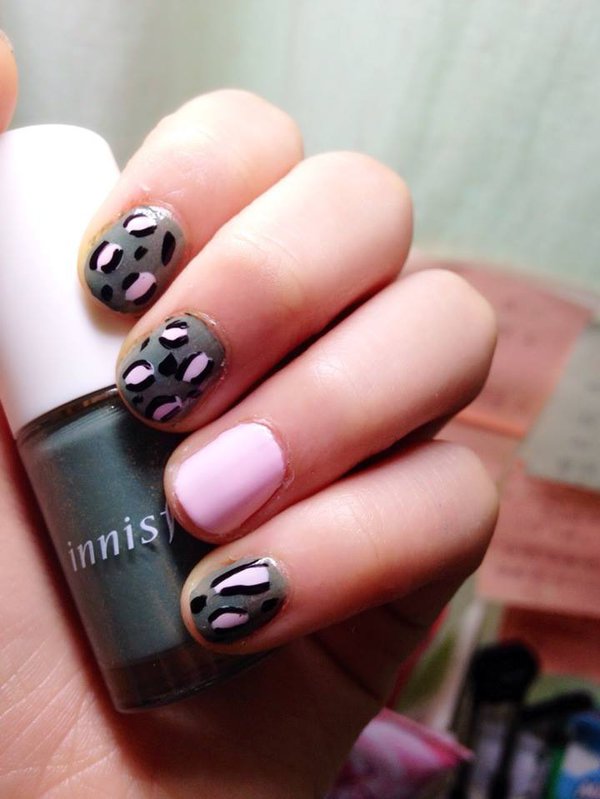 Gray And Pink Leopard Print Nail Art For Short Nails