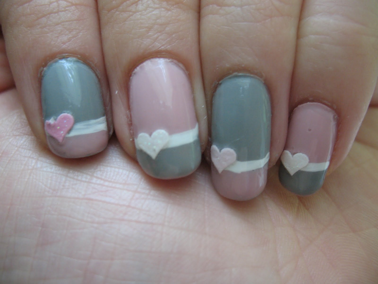 Gray And Pink Nails With 3D Heart Design Idea