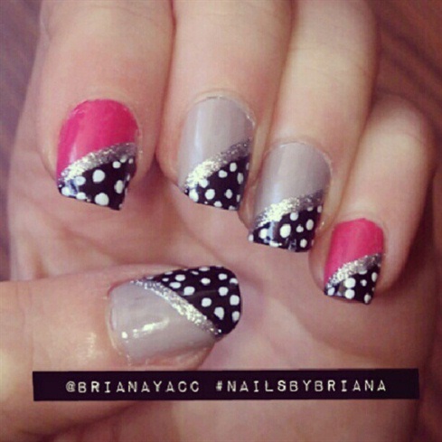 Gray And Pink Nails With Black And White Polka Dots Nail Art