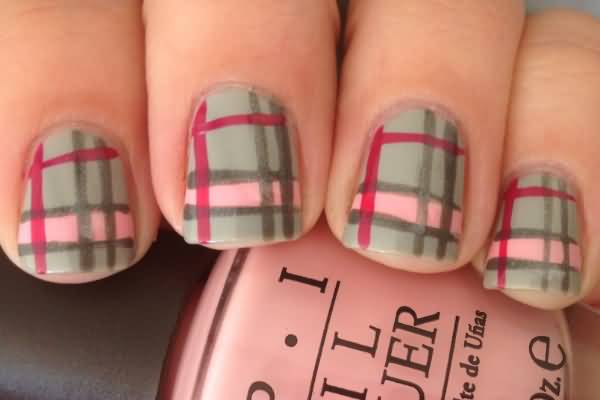Gray And Pink Plaid Design Nail Art