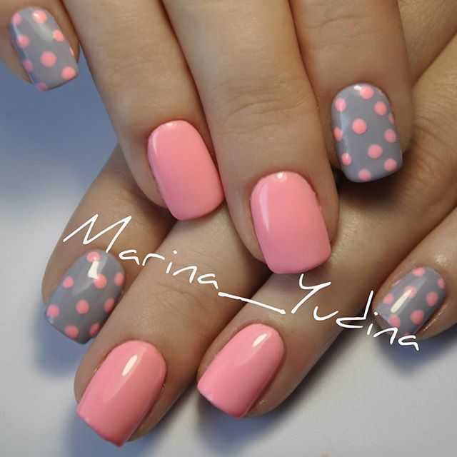 Gray And Pink Polka Dots Beautiful Nail Art