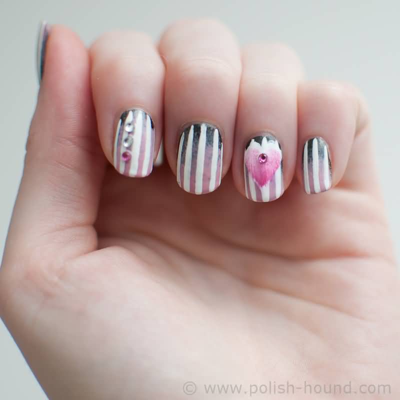 Gray And Pink Stripes Nail Art