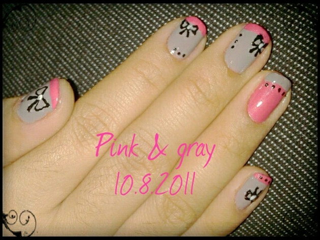 Gray And Pink Tip With Black Bow Design Nail Art