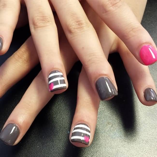 Gray And White Stripes And Pink Heart Nail Art