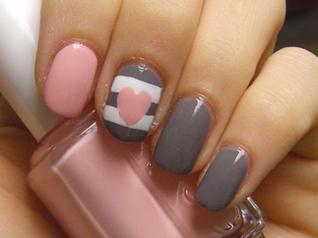 Gray And White Stripes With Pink Heart Design Nail Art