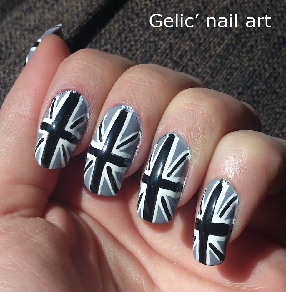 Gray And White UK Flag Design Nail Art