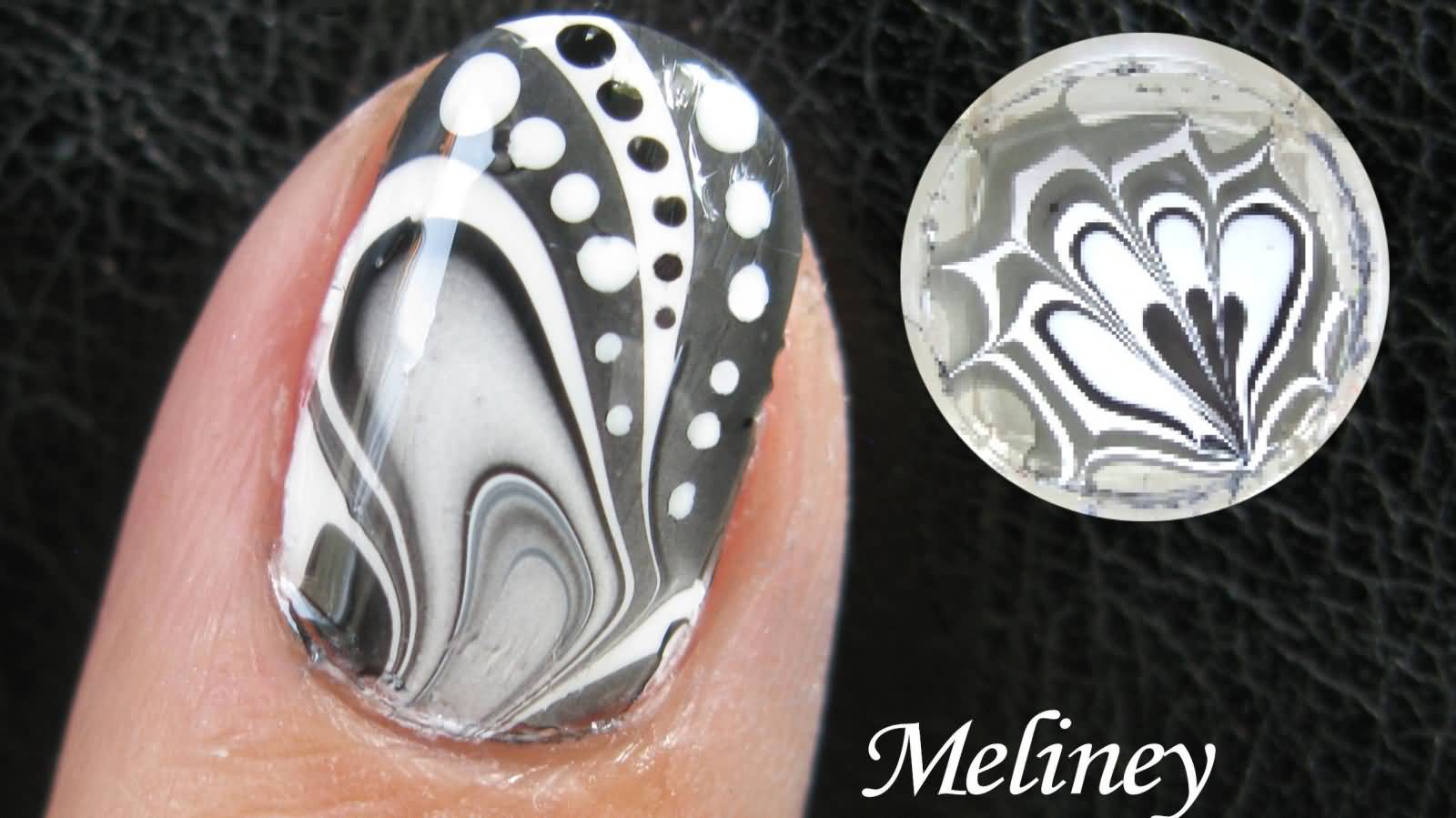 Gray And White Water Marble Nail Art With Polka Dots Design