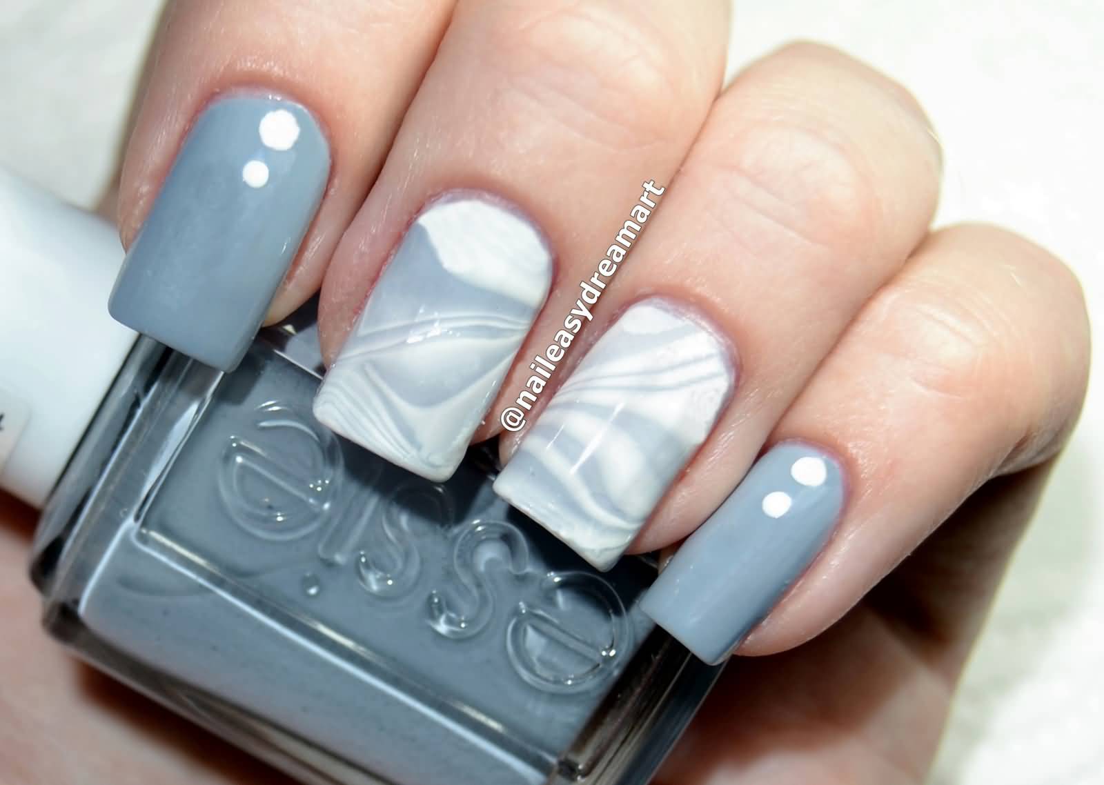 Gray And White Water Marble Nail Art