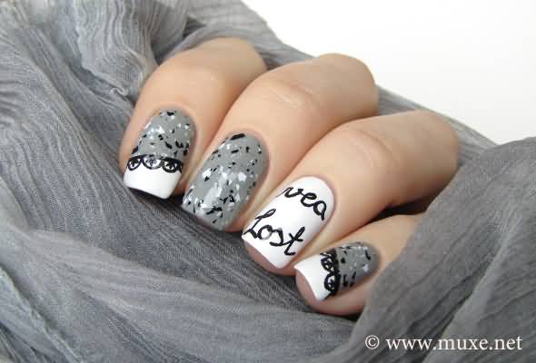 Gray And White With Black Lace Design Nail Art