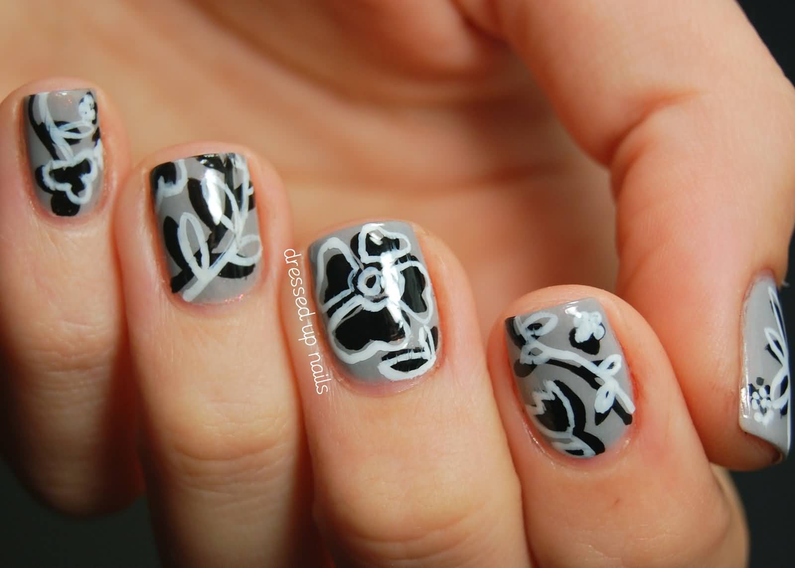 Gray Base Nails With Black And White Floral Design Nail Art Idea