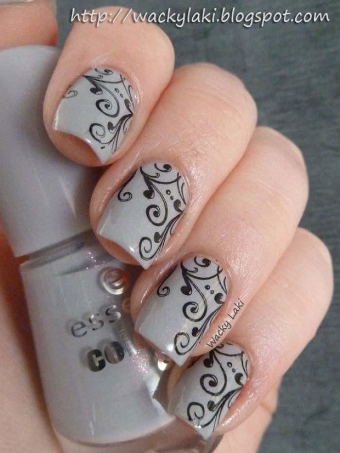 Gray Base Nails With Black Swirls Design Nail Art