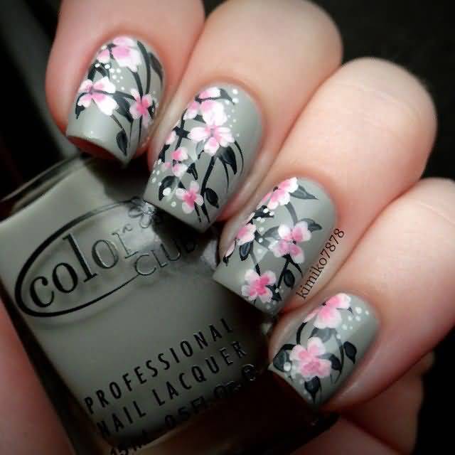 Gray Base Nails With Pink Flowers Nail Art