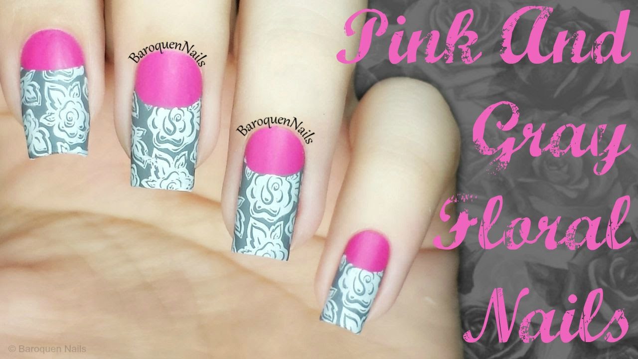 Gray Floral And Pink Halfmoon Nail Art Design