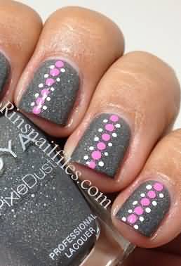 Gray Glitter Nails With Pink Polka Dots Nail Art