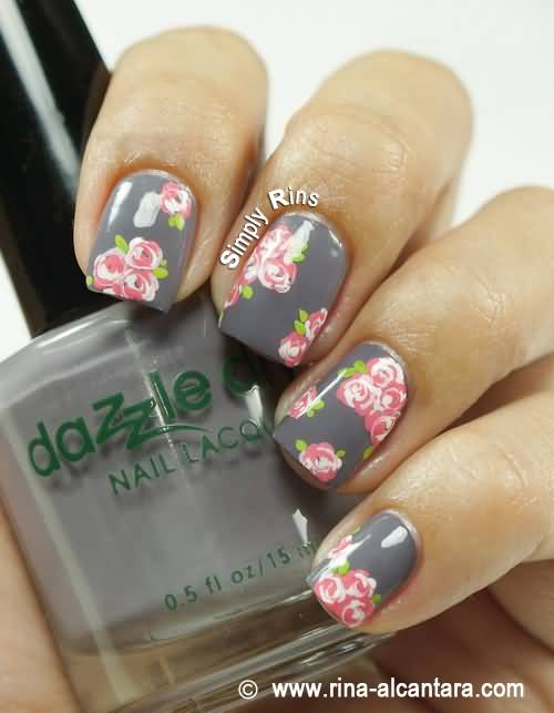 Gray Glossy With Pink Rose Flowers Nail Art