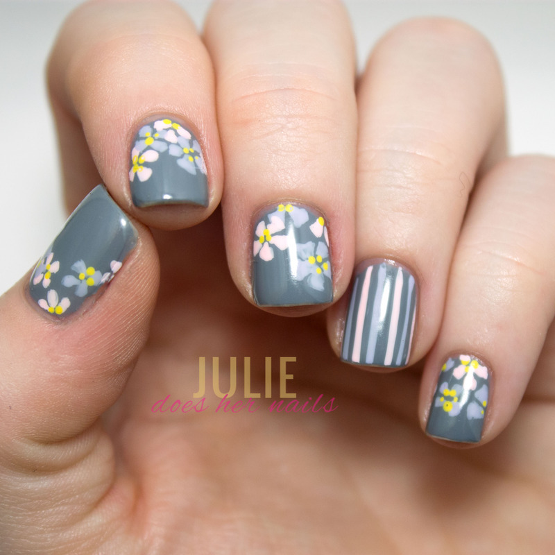 Gray Glossy With Pastel Flowers Nail Art Design