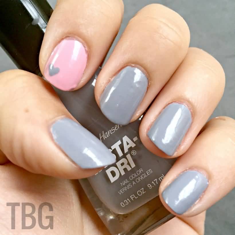 Gray Nails With Accent Pink Nail Art