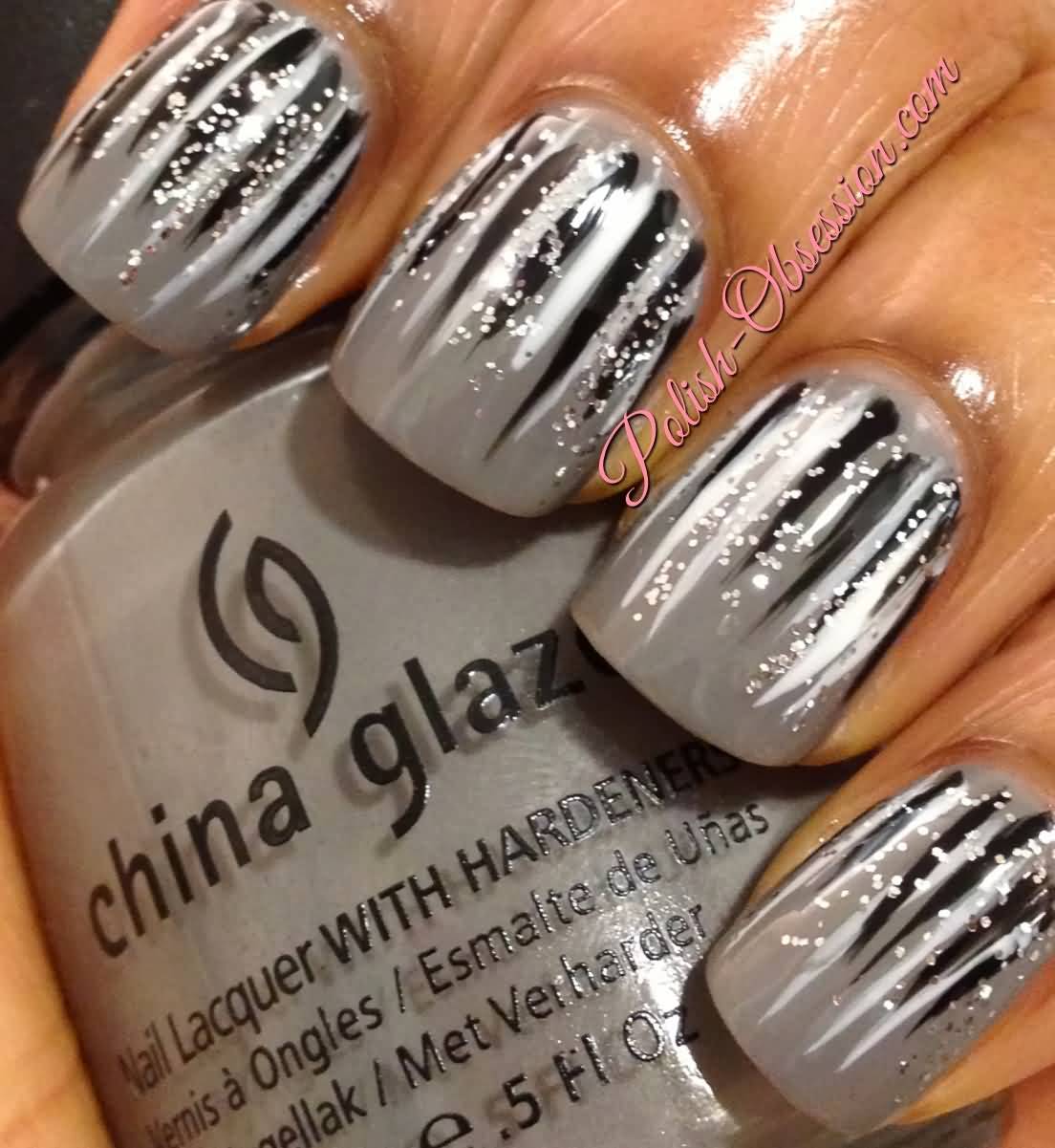 Gray Nails With Black And White Bushes Design Nail Art