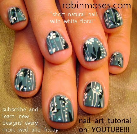 Gray Nails With Black And White Flowers Nail Art