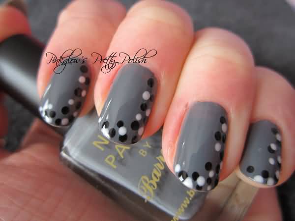 Gray Nails With Black And White Polka Dots Nail Art
