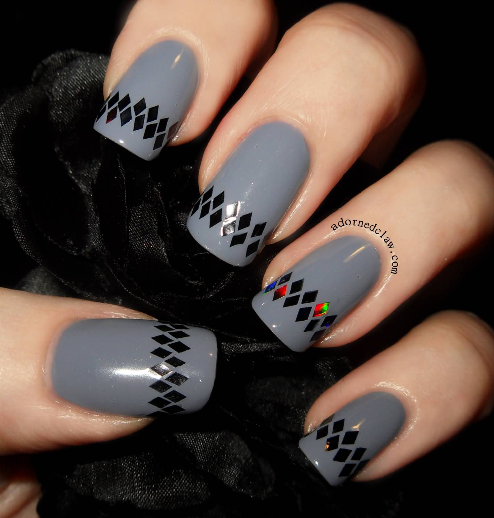Gray Nails With Black Design Nail Art
