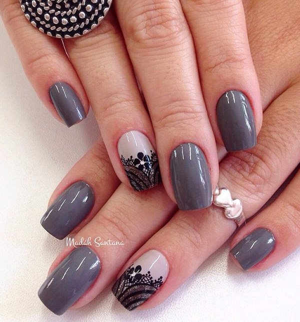Gray Nails With Black Flower Design Nail Art