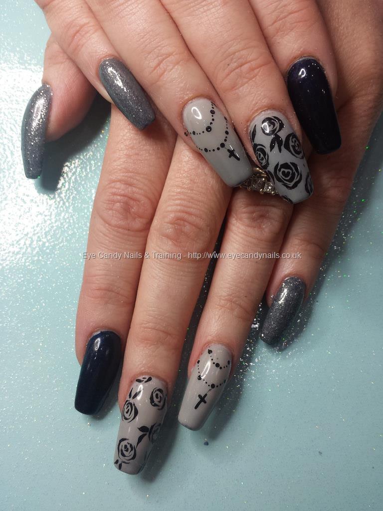 Gray Nails With Black Rose Flowers Nail Art