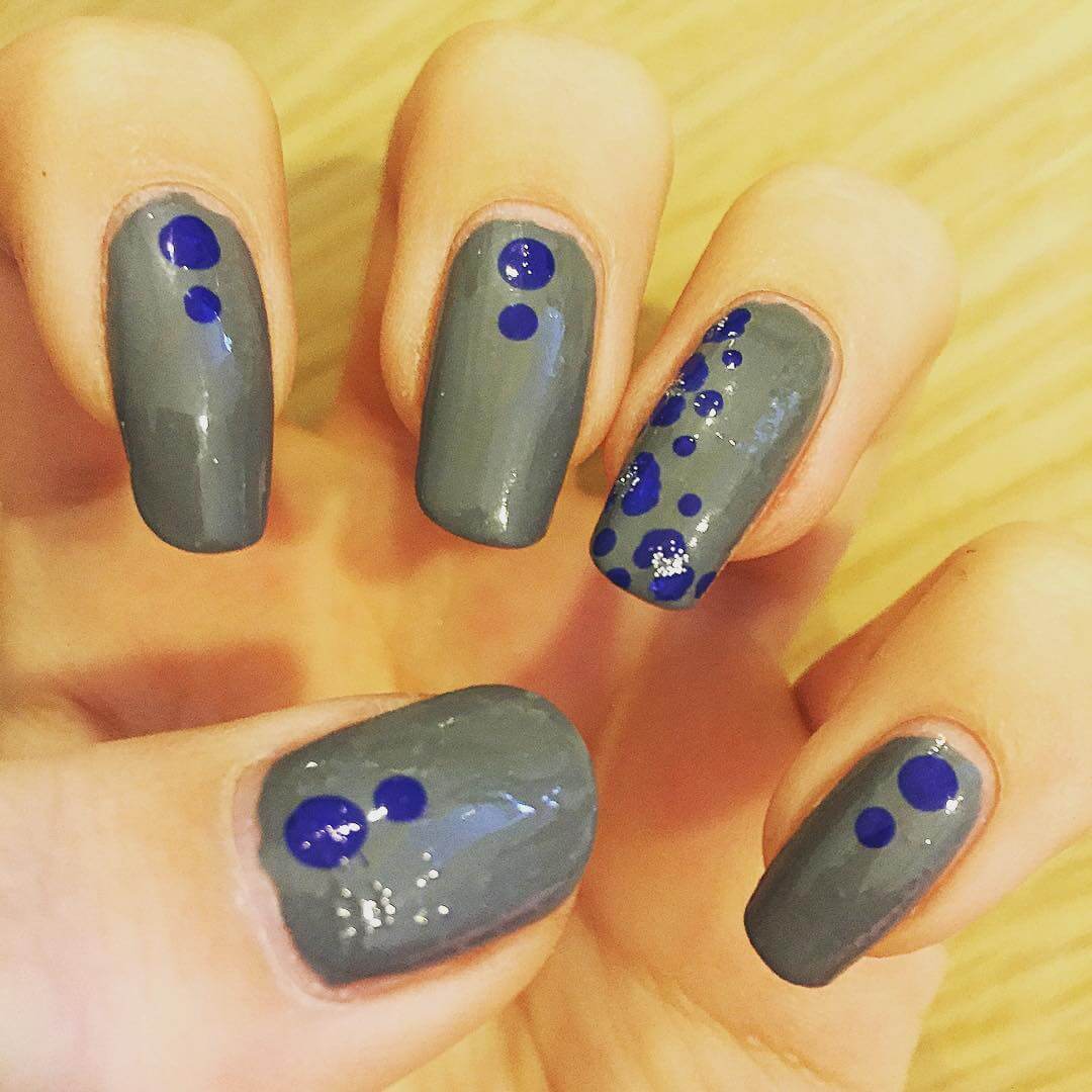 Gray Nails With Blue Polka Dots Nail Art