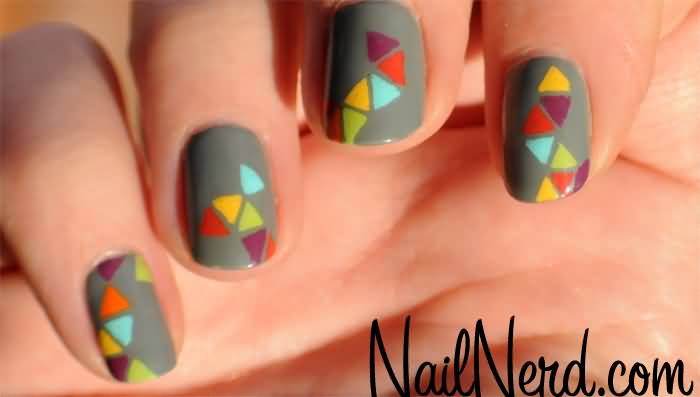 Gray Nails With Colorful Triangles Design Nail Art