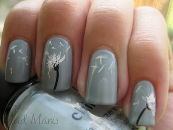 Gray Nails With Dandelion Flower Nail Art