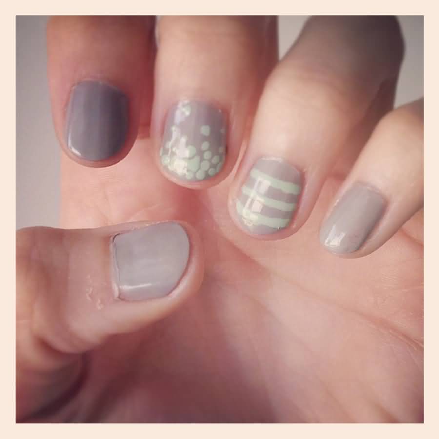 Gray Nails With Mint Stripes And Polka Dots Design Idea