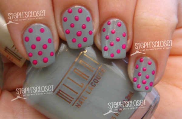 Gray Nails With Pink Dots Design Nail Art