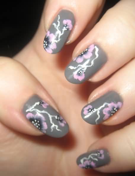 Gray Nails With Pink Floral Design Nail Art