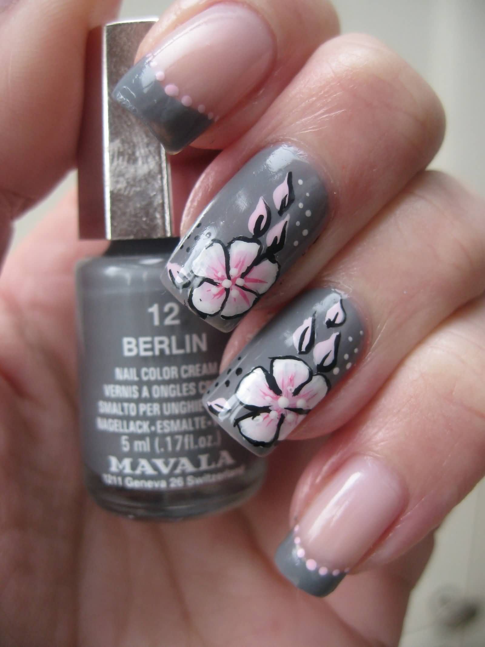 Gray Nails With Pink One Stroke Flowers Nail Art Video Tutorial