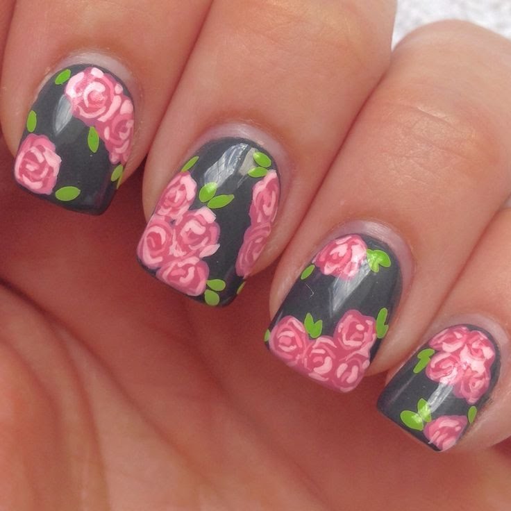 Gray Nails With Pink Rose Flowers Nail Art