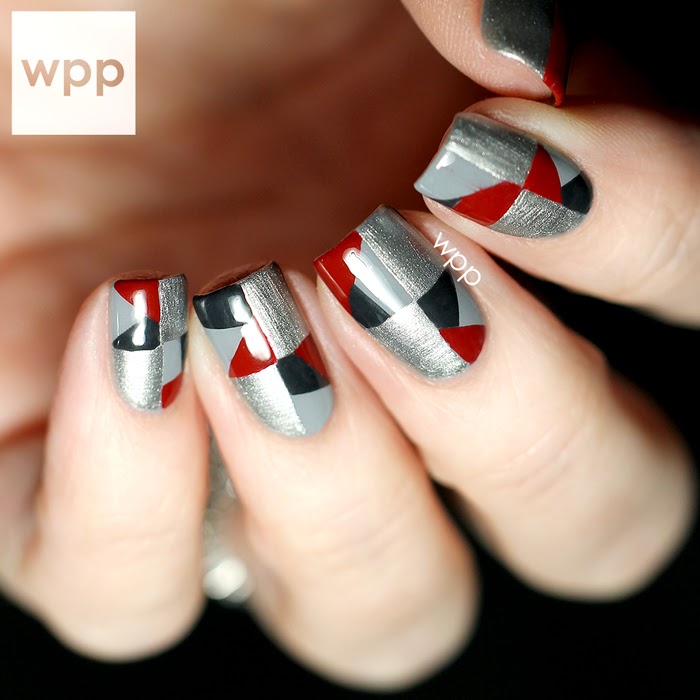 Gray Nails With Red And Black Geometric Design Nail Art
