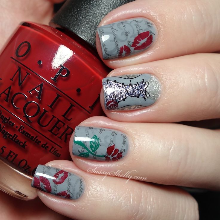 Gray Nails With Red Flower And Lipstick Mark Nail Art