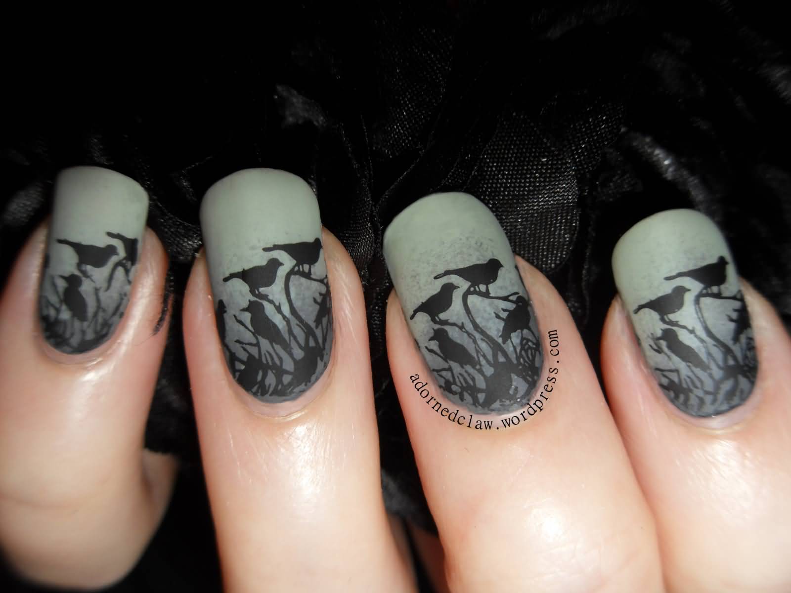 Gray Nails With Silhouette Black Birds Nail Art