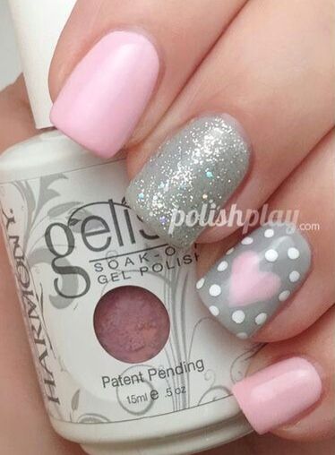 Gray Nails With White Dots And Pink Heart Nail Art