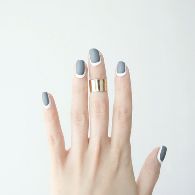 Gray Nails With White Reverse French Nail Art