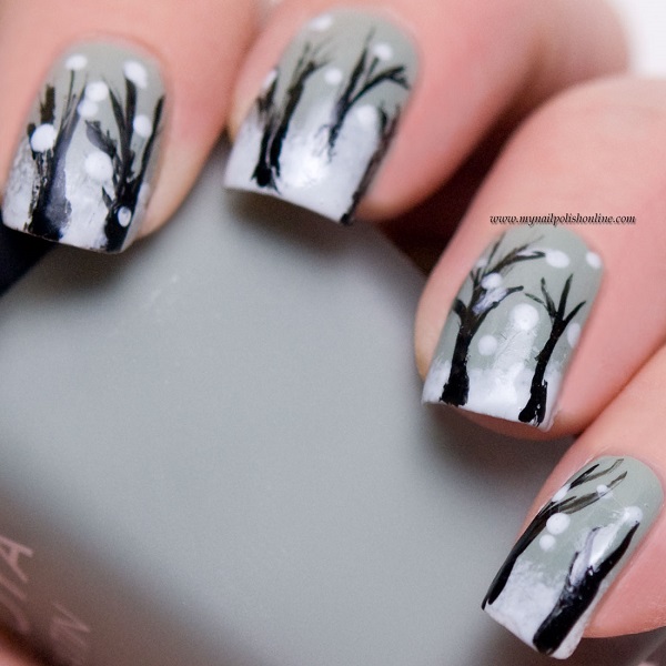 Gray Nails With Winter Trees Nail Art