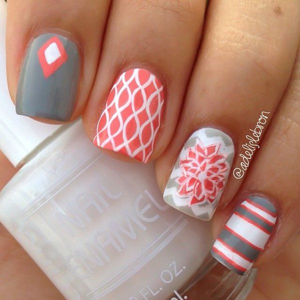 Gray, Pink And White Flower Design Nail Art