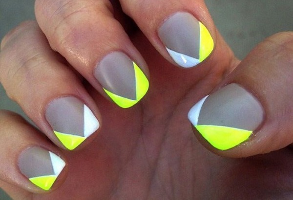Gray Short Nails With Neon Yellow And White Tip Design Nail Art