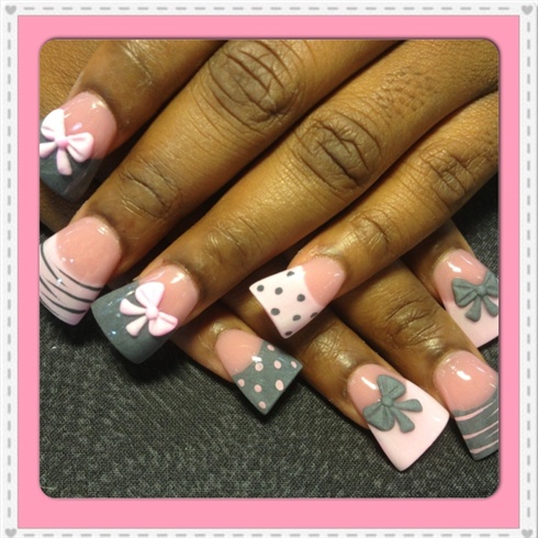 Gray Tip And Pink Bow Nail Art Design