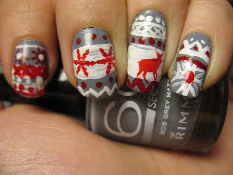 Gray White And Red Freehand Sweater Design Nail Art
