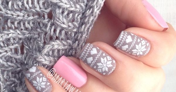 Gray Winter Nail Design With Accent Pink Nail