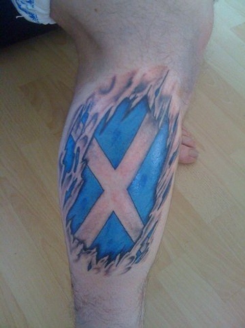 Great Color Ink 3D Scottish Flag Tattoo On Leg