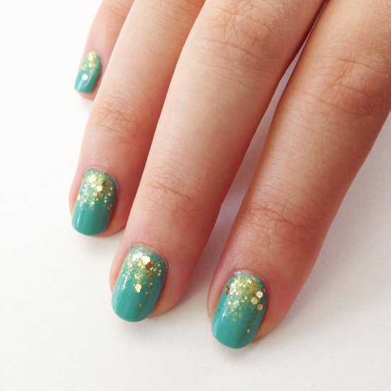 Green And Gold Glitter Gradient Nail Art Design Idea