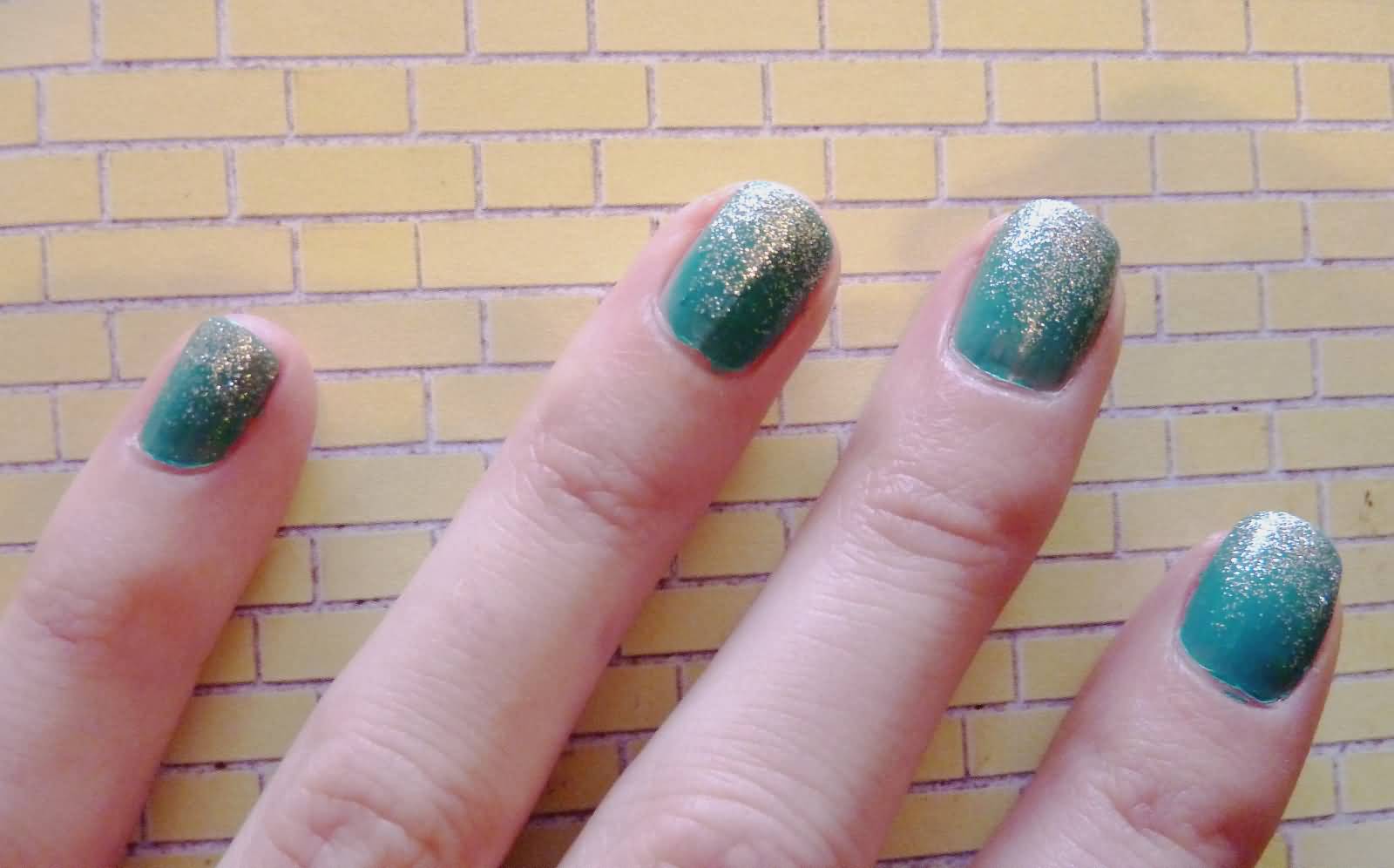 Green And Gold Glitter Gradient Nail Art